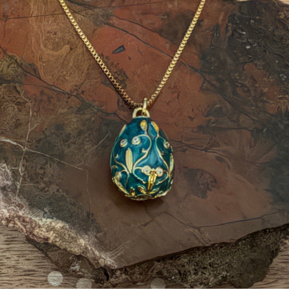 New Beautiful Teal Enamel & Cubic Zirconia Egg Pendant On Gold Plated Chain